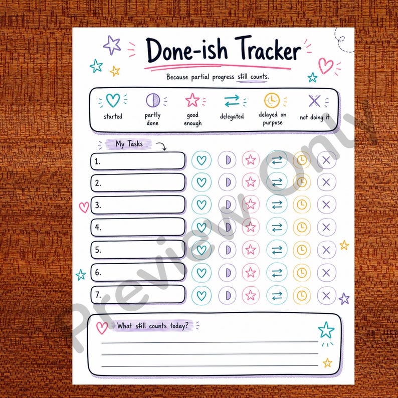 May include: A white paper Done-ish Tracker with colorful hand-drawn icons and text. It features a task list with seven numbered rows, each paired with status symbols for started, partly done, good enough, delegated, delayed, and not doing it.