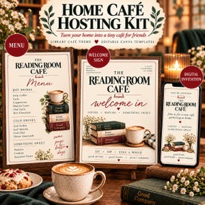 May include: A home cafe hosting kit featuring a menu, welcome sign, and digital invitation templates. The designs include text reading The Reading Room Cafe, illustrations of stacked books, coffee mugs, and flowers in a cream and dark red color palette.