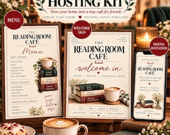 Home Café Hosting Kit, Library Café Canva Templates, Editable Menu Welcome Sign andDigital Invitation, Cozy Hosting for Friends