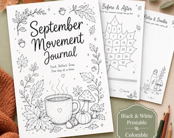 September Fitness Journal Printable, Coloring Book Fall Fitness Planner, Movement Tracker, Workout and Habit Tracker Printable Black White