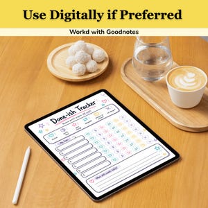 May include: A digital tablet displaying a Done-ish Tracker template with task lists and progress icons. The screen features the text "Done-ish Tracker" and "Because partial progress still counts." A white stylus rests beside the tablet.