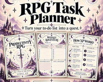 Gamified Small Business Task Planner,  RPG Bullet Journal Habit Tracker Printable PDF, ADHD and Printer Friendly