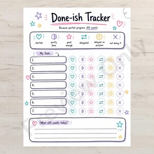 May include: A white paper task tracker titled Done-ish Tracker with the subtitle Because partial progress still counts. It features a legend with icons for status, seven numbered rows for tasks, and a section for What still counts today.