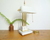 White Marble Brass Vintage Banker 39 s Desk Lamp, Mid Century Modern