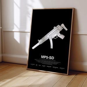 May include: A black poster featuring a white line drawing of an MP5-SD submachine gun. Below the illustration, the text reads MP5-SD, followed by a descriptive paragraph and a table of technical specifications including alternate name, price, damage, date of fire, accurate range, reserve ammo limit, and ammunition type.