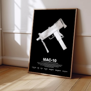 May include: A framed vertical poster featuring a white line-art illustration of a MAC-10 submachine gun centered on a black background. Below the illustration, the text reads MAC-10 followed by a descriptive paragraph and a table of technical specifications.