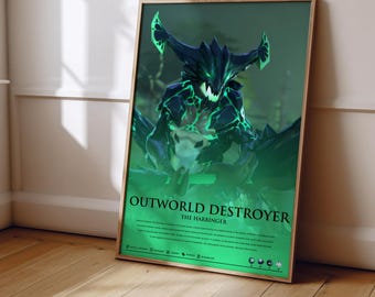May include: A framed poster featuring a dark, jagged creature with glowing green accents and sharp teeth. The text reads OUTWORLD DESTROYER THE HARBINGER, followed by descriptive lore text and small circular icons at the bottom on a green background.