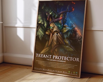 May include: A rectangular poster featuring a digital illustration of a Treant Protector with glowing green eyes, wooden bark textures, and leafy foliage. The text reads "TREANT PROTECTOR THE ANCIENT GUARDIAN" with additional descriptive lore and icons.