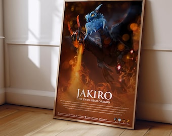 May include: A rectangular poster featuring the two-headed dragon Jakiro, with one head breathing fire and the other ice. The text reads Jakiro The Twin Head Dragon, followed by descriptive lore and game attributes. The background is dark with orange and blue light effects.