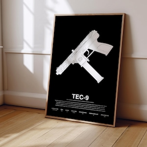May include: A framed poster featuring a white line-art illustration of a TEC-9 firearm against a solid black background. The text "TEC-9" is printed in white below the illustration, followed by a paragraph of descriptive text and data fields.