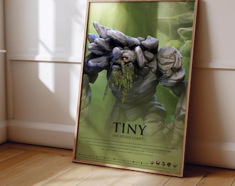 May include: A vertical poster featuring a large, grey stone creature with a mossy beard and glowing orange eyes. The text reads "TINY THE STONE GIANT" with a descriptive paragraph below. The background is a soft, blurred green forest setting.