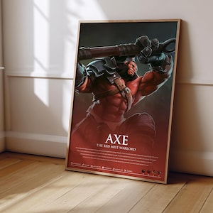 May include: A framed vertical poster featuring a muscular warrior with dark skin and armor, holding a large axe over their shoulders. The text reads AXE THE RED MIST WARLORD, followed by a paragraph of lore and small icons at the bottom.