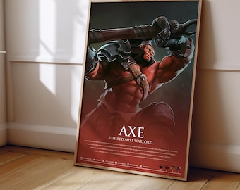 May include: A framed vertical poster featuring a muscular warrior with dark skin and armor, holding a large axe over their shoulders. The text reads AXE THE RED MIST WARLORD, followed by a paragraph of lore and small icons at the bottom.
