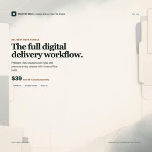 Könnte beinhalten: Eine digitale Produktoberfläche mit dem Titel Delivery Desk by Nomad Mini Automation Studio. Der Text lautet The full digital delivery workflow, Preflight files, create buyer help, and preserve every release with three offline tools, sowie 3 offline tools, Examples included, Studio use.