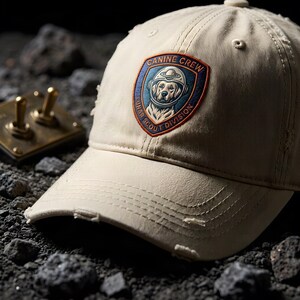 Retro Artemis Astronaut Dog Dad Hat: Faux Embroidered Space Patch, Distressed Cap for Lunar Mission Lovers