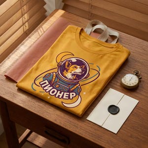 May include: A mustard yellow t-shirt featuring a graphic of a dog wearing a space helmet and suit. The design includes the Cyrillic text "ПИОНЕР" in white letters, surrounded by stylized crescent moons and stars in a circular orbital pattern.