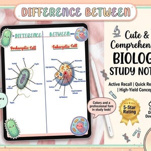 May include: A digital tablet displaying a biology study guide comparing prokaryotic and eukaryotic cells with labeled diagrams. The screen shows text reading Difference Between, Prokaryotic Cell, and Eukaryotic Cell. Beside the tablet, text reads Cute & Comprehensive BIOLOGY STUDY NOTES!, Active Recall, Quick Reference, High-Yield Concepts, 5-Star Rating, 100% Digital Download, and Instant Access PDF.