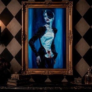 May include: A framed oil painting depicting a figure with pale skin, dark hair, and red lips, wearing a white corset and black jacket. The figure has red markings on the corset. The painting is enclosed in an ornate gold frame with intricate carvings.