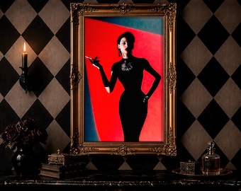 Vintage-Film-Noir-Leinwanddruck einer Frau, Vampy-Silhouette im roten Licht, Retro-Gothic-Poster mit Femme Fatale, stimmungsvolle Gothic-Dekoration