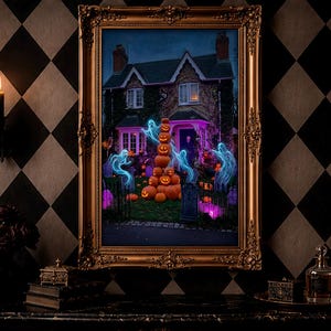 Könnte beinhalten: Ein rechteckiges Wandbild in einem verzierten Goldrahmen zeigt ein zweistöckiges Haus bei Nacht mit einem großen Stapel leuchtender orangefarbener Kürbisse im Vorgarten, umgeben von durchscheinenden blauen Geistern und violettem Licht.