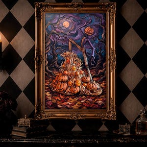 May include: A rectangular painting in an ornate gold frame depicting a scarecrow with a pumpkin head standing over a pile of pumpkins in a dark forest under a full moon. The scene features deep purple and blue tones with bright orange pumpkins.