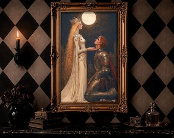 Quadro em tela com homenagem a cavaleiro medieval, arte de parede pré-rafaelita com rainha e cavaleiro, pôster romântico sombrio ao luar, decoração estilo academia sombria.
