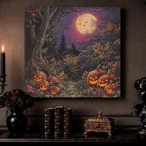 May include: A square canvas wall art print depicting a nighttime forest scene with a large glowing full moon, silhouettes of bats, and several illuminated jack-o'-lanterns nestled among autumn foliage and trees under a starry purple sky.