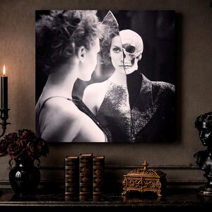 May include: A square black and white wall art print featuring a split portrait of a person and a skull. The person is shown in profile on the left, while the right side shows a front-facing portrait with half of the face as a human skull.