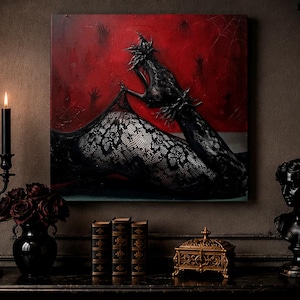 May include: A square canvas painting featuring a dark, clawed hand pulling at black lace fabric against a deep red background. The artwork displays a textured surface with subtle silhouettes of reaching hands and a spiderweb in the upper corner.
