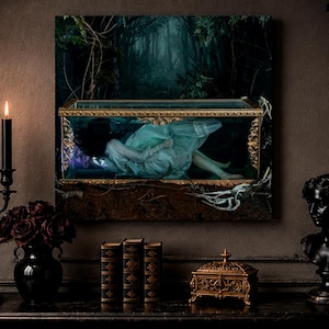 May include: A square wall art print featuring a rectangular glass display case containing a figure in a light-colored dress submerged in water, set against a dark forest background. The print is framed by a black candelabra, dark roses, books, a box, and a bust.