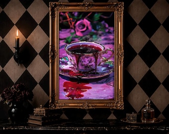 Stampa su tela con tazza da tè gocciolante gommosa, inquietante rosa cyberpunk viola da appendere al muro, poster di natura morta macabra e suggestiva, decorazione estetica dark