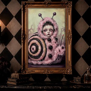 May include: A framed painting featuring a pale figure wearing a pink fuzzy snail costume with a large spiral shell on the back. The figure has dark hair, large eyes, and two antennae with purple spheres on top, holding a thin red-tipped wand.