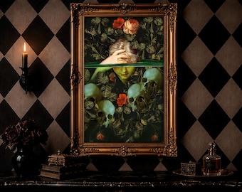 May include: A rectangular wall art piece in an ornate gold frame featuring a dark, moody illustration of a figure partially submerged in water among green foliage, red flowers, and multiple human skulls, set against a black and brown diamond pattern.