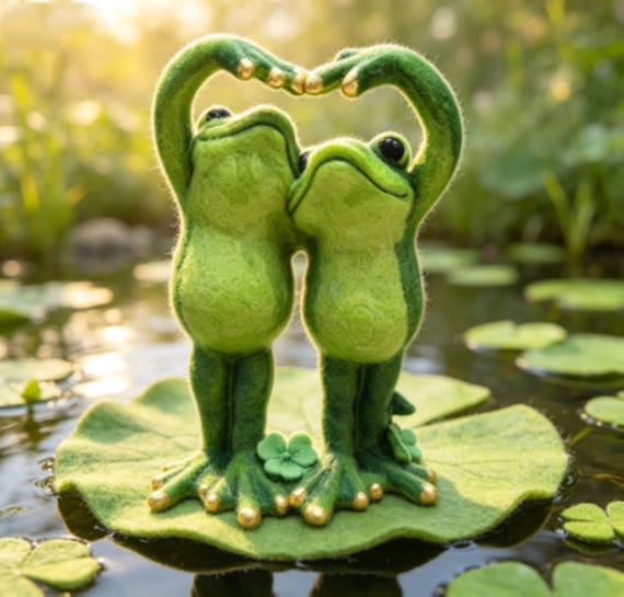 A hand-needle-felted wool frog with genuine character — the kind of tiny sculptural oddity that immediately becomes the most-talked-about thing on any desk.