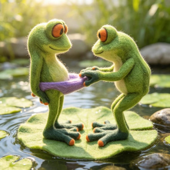 A hand-needle-felted wool frog with genuine character — the kind of tiny sculptural oddity that immediately becomes the most-talked-about thing on any desk.