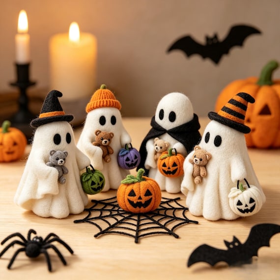 Handmade Needle Felt Ghost Ornament Set, Mini Wool Halloween Ghost with Teddy Bear,  Spooky Pumpkin Trick or Treat Figurine Decor Gift