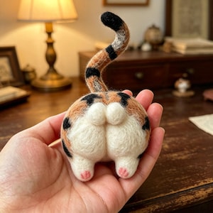 May include: A needle-felted cat figurine showing the rear view of a tabby cat with orange, black, and white fur. The cat has a raised, striped tail, two white rounded hindquarters, and two small white feet with visible pink paw pads on the bottom.