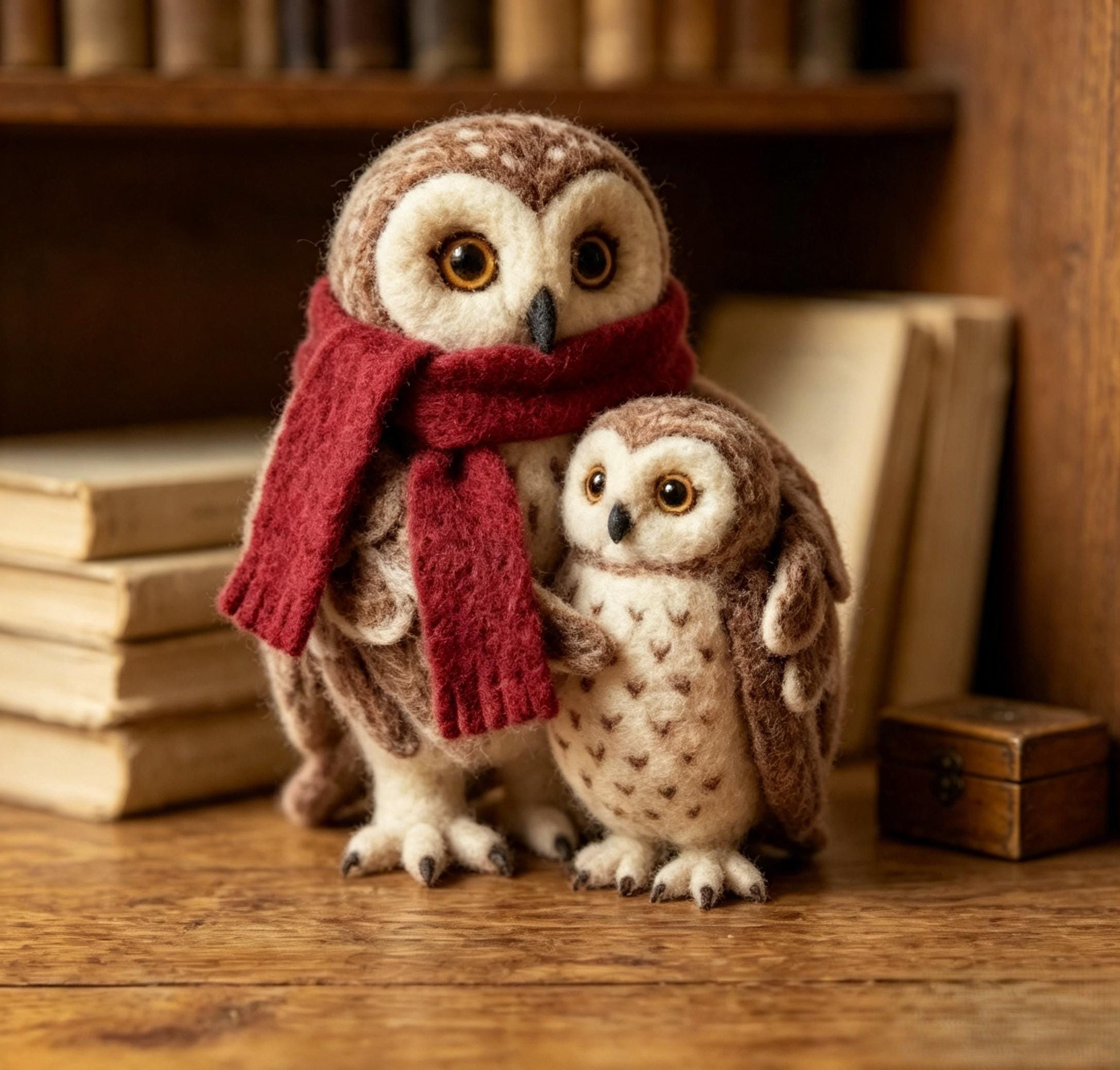 Handmade Felt Owl Family , with Red Scarf , Mother and Baby Owl Figurine , Needle Felted Owls , Gift