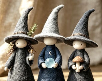 Needle Felted Witch Doll, Handmade Wool Wizard Figurine, Cottagecore Forest Decor, Gothic Halloween Mantel