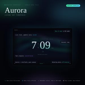 Pode incluir: Uma interface de relógio de desktop digital intitulada Aurora, com um fundo escuro com efeito de campo estelar. O visor mostra a hora 7:09 PM, a data, o progresso do ano e uma afirmação diária rotativa, com etiquetas para relógio ao vivo.