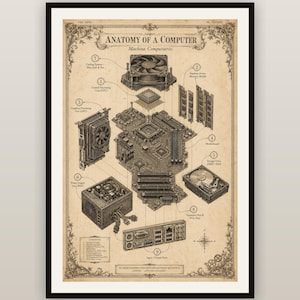 May include: A vintage-style poster titled Anatomy of a Computer, Machina Computatrix, featuring an exploded view of computer components including a CPU, motherboard, RAM, GPU, power supply, and cooling fan, all labeled with numbered technical diagrams.