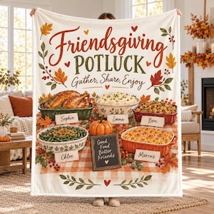 Personalized Friendsgiving Blanket, Thanksgiving Potluck Gathering Gift, Custom Name Dinner Design, Autumn Friends and Family Keepsake