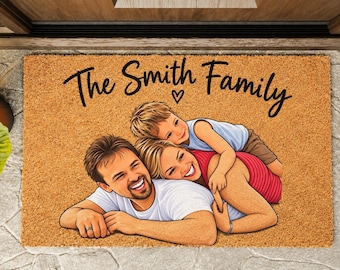 Personalized Family Photo Doormat, Custom Couple Portrait Welcome Mat, Family Name Door Mat, Housewarming Gift, Custom Photo Entryway Decor