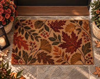 May include: A rectangular coir doormat featuring a printed pattern of autumn leaves, including maple and ginkgo shapes, interspersed with small red berry clusters in shades of orange, brown, dark green, and deep red against a natural tan background.