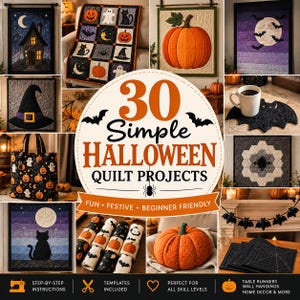Puede incluir: Una colección de 30 proyectos de acolchado con temática de Halloween que incluye tapices, un bolso, un cojín con forma de calabaza, un posavasos con forma de murciélago y un camino de mesa con diseño de telaraña.