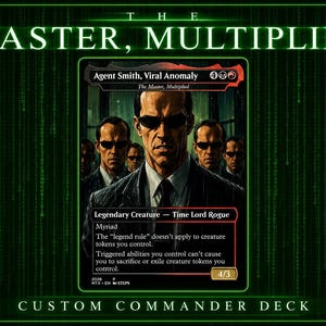 May include: A collectible trading card titled Agent Smith, Viral Anomaly, featuring a central figure in a suit and sunglasses surrounded by identical clones. The card text includes The Master, Multiplied, Legendary Creature, Time Lord Rogue, and game rules.