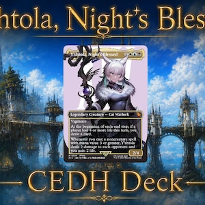 May include: A trading card titled Y'shtola, Night's Blessed featuring a white-haired cat warlock character holding a dark staff. The card text includes Legendary Creature, Cat Warlock, Vigilance, and specific game mechanics against a light purple background.
