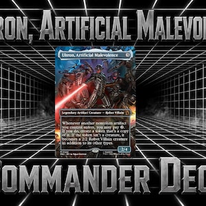 May include: A Magic: The Gathering trading card titled Ultron, Artificial Malevolence, featuring a metallic robot character with a red glowing weapon, set against a dark, chaotic background with text detailing game rules and stats.
