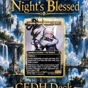 May include: A trading card titled Y'shtola, Night's Blessed featuring a white-haired cat warlock character with a staff. The card text includes Vigilance, card draw mechanics, and damage effects. The background displays a fantasy castle landscape.