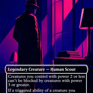May include: A collectible trading card titled Delney, Streetwise Lookout featuring a silhouette of a person in a trench coat and fedora standing by a window. The scene is illuminated in vibrant shades of magenta and deep blue, with text detailing game rules.